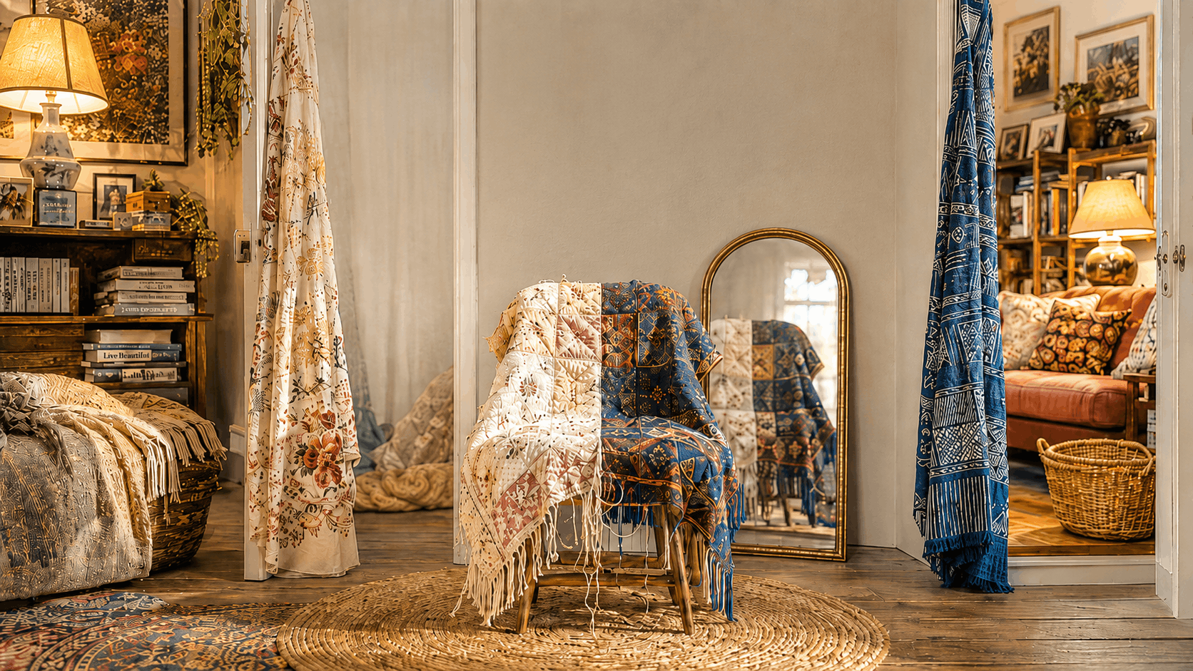 Alt text: A warmly lit home interior with a small chair at the center, draped in two contrasting patterned textiles: one light, floral, and soft-toned, and one deep blue with rich geometric designs. A mirror behind the chair reflects the blended fabrics as one whole piece, while cozy rooms, books, lamps, rugs, and family-home details surround the scene. The image symbolizes a mixed or biracial girl being deeply loved at home while still carrying parts of her identity that need deeper listening and understanding.